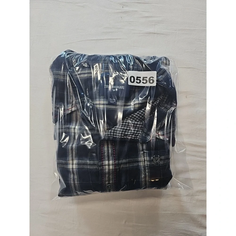 True Religion Mens Western Shirt  Slim Fit Size XL Plaid Dark Blue